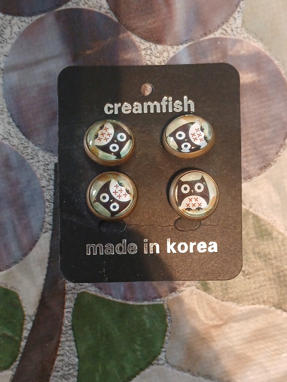 Creamfish Owl Stud Earrings - Brown and Green